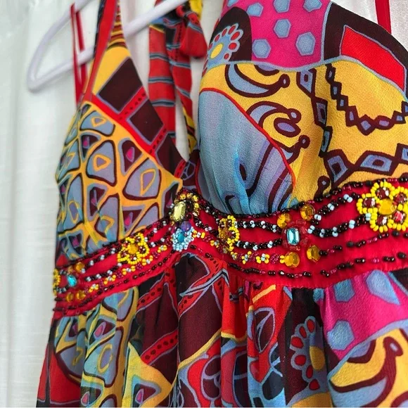 Sue Wong vintage VTG 100% silk flowy halter top Y2K beaded dress bright colors - Picture 3 of 13